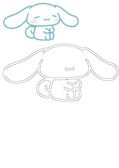 Adorable Cinnamoroll puppy character drawing with blue eyes, pink cheeks, and iconic floppy ears in a charming pose.