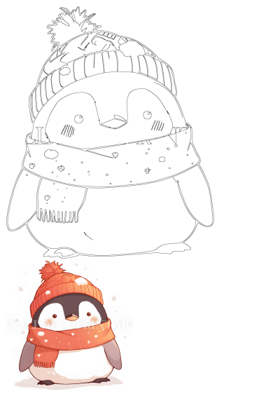 An adorable penguin character wearing a cozy red winter hat and scarf with snow details, alongside its clear black outline art.