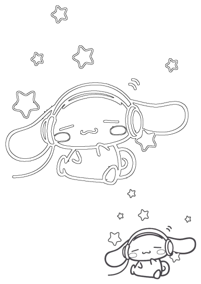 Outline of Cinnamoroll wearing headphones, surrounded by stars. Ideal for fans of the Sanrio character.