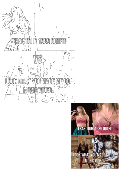 Compare Taylor Swift's sparkling pink 1989 Eras Tour outfit with her dark, fierce 'Look What You Made Me Do' music video look.