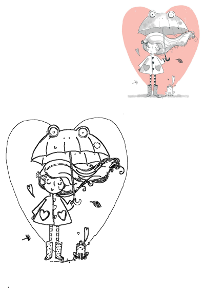 Sweet illustration of a girl with a frog umbrella, heart-decorated coat, and a frog prince, surrounded by hearts. Expresses a lovely 'I love you' message.