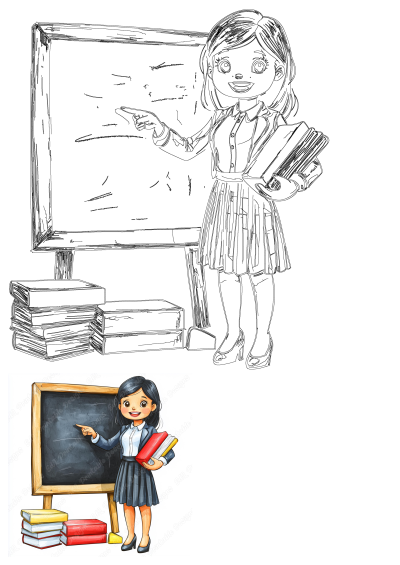 Cartoon woman teacher pointing at a blackboard, holding books. Stacks of books are also on the floor. Features outline and colored styles.