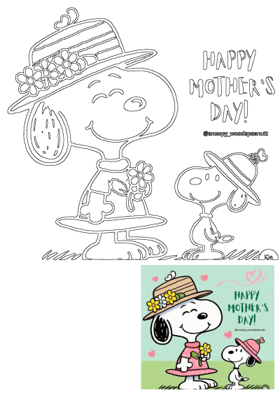 Snoopy in a dress and flower-adorned hat holds a bloom, while Woodstock wears a hat for Mother's Day. Text: Happy Mother's Day!