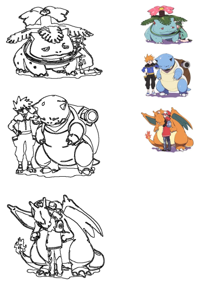 Dynamic fanart featuring Kanto Pokemon starter evolutions Venusaur, Blastoise, Charizard with their respective trainers, in colored and outline styles.