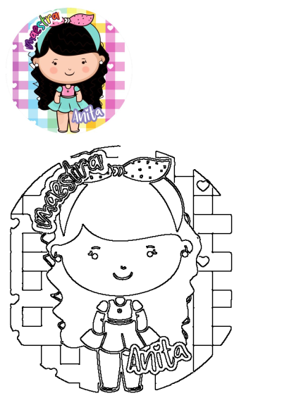 Cute cartoon of Maestra Anita: a smiling girl with curly hair, watermelon headband, in color and a black-and-white outline.