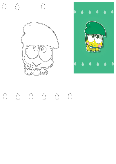 Keroppi cartoon character with big eyes and green hat on a green background with white raindrops, next to a black and white outline.