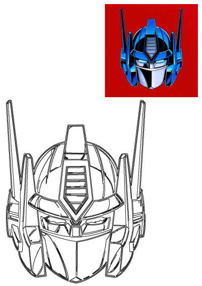 An Optimus Prime helmet drawing on a vibrant red background, paired with a detailed black outline version for art and design.