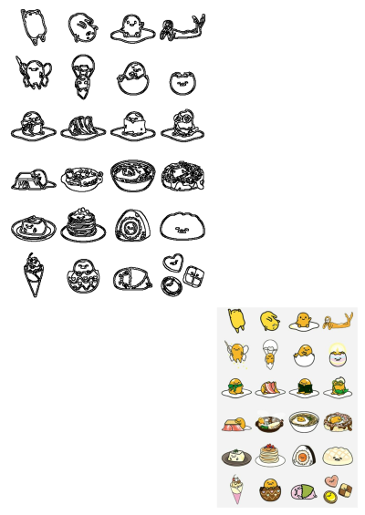 Gudetama Lazy Egg food themed outline stickers for cell phones, showcasing the character in various lazy poses and food items.