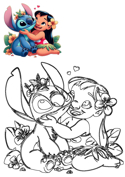 Cute Lilo and Stitch cartoon characters hugging, surrounded by tropical flowers. Features a vibrant colored illustration and a black outline drawing.