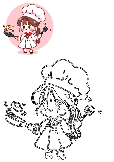 A cute cartoon girl chef wearing a white hat and uniform, happily cooking food in a frying pan, tossing eggs and vegetables.