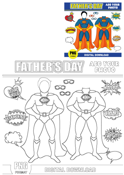 Father's Day superhero photo booth prop digital download. Features two hero bodies, comic bubbles, masks. Add your photo for a fun celebration!