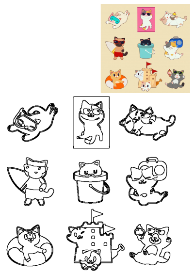 Cute cartoon cats enjoying a summer beach party holiday, engaging in activities like swimming, surfing, relaxing, and playing with sandcastles and ice cream.