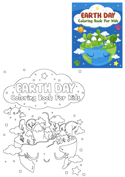 Vibrant Earth Day illustration for kids featuring a happy planet with trees, clouds, sun, and stars. Includes a coloring outline.