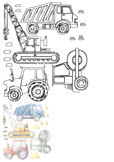 Watercolor and outline drawings of various construction vehicles including a dump truck, crane, and tractor, with traffic cones and dirt piles.