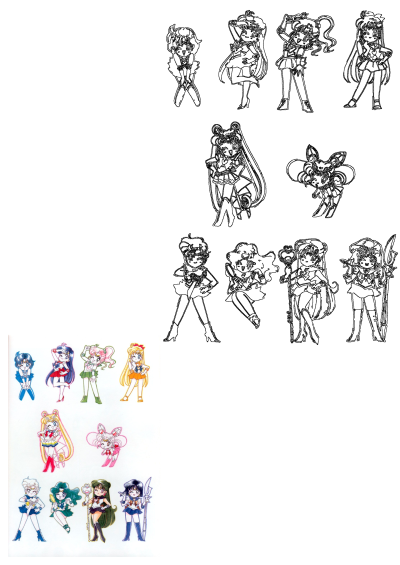 Sailor Moon characters in diverse outfits, poses, and hair variations, featuring both line art and vibrant colored illustrations.