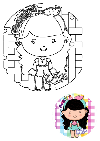 Maestra Anita cartoon illustration of a cute teacher with curly hair, a bow, and dress. Includes both outlined and colorful versions.