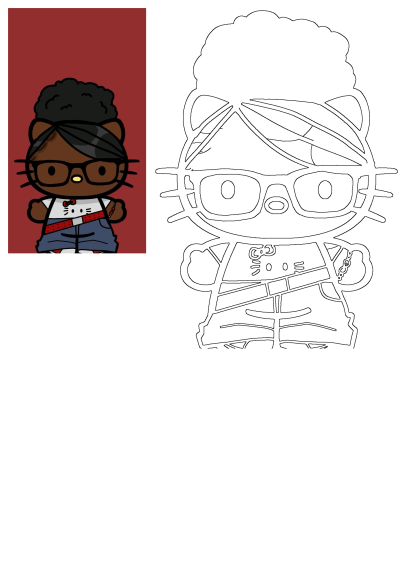 Cartoon character cat head background featuring a dark-skinned, glasses-wearing feline with curly hair, modern outfit, and an outline version.