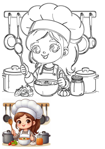 A cheerful cartoon chef girl in an apron and hat cooks delicious vegetable soup, surrounded by fresh produce and kitchen tools.