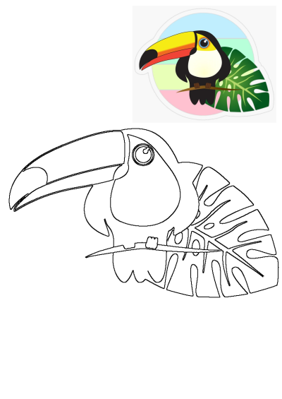 Cute cartoon toucan bird with a colorful beak on a branch next to a green leaf, shown in both vibrant color and outline form.