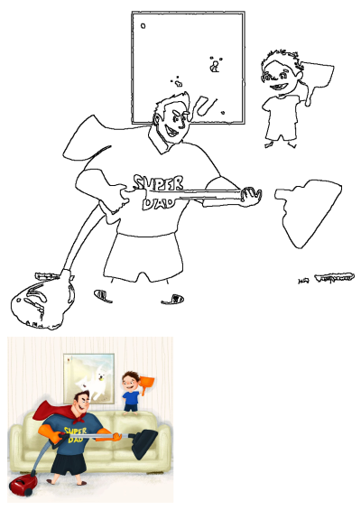 A lively cartoon of Super Dad vacuuming the living room rug, with his son playing on the couch and a dog picture in background.