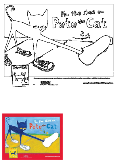 Pete the Cat Pin the Shoe game image, featuring the colorful book cover design and a printable outline version for engaging kids' activities.