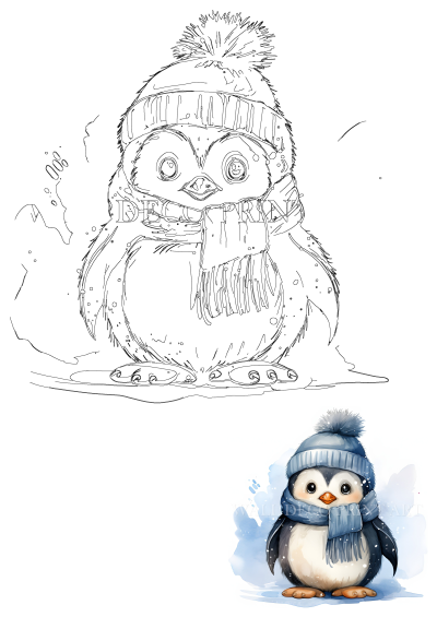 A charming illustration of a cute penguin bundled up in a cozy winter hat with a pompom and a warm scarf, standing in snow.