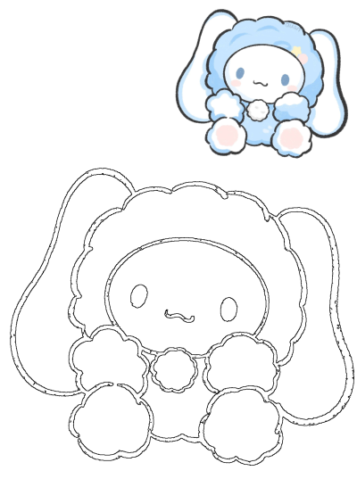 Cute blue fluffy Cinnamoroll character drawing, resembling a stuffed animal. Also includes a black and white outline perfect for coloring.