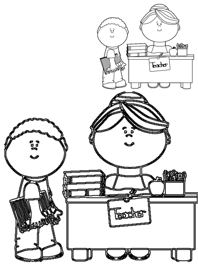 Black and white cartoon clipart featuring a smiling teacher at a desk with books and an apple, alongside a student holding books.