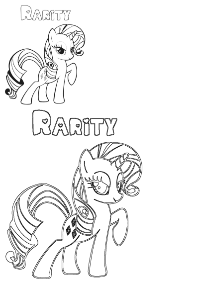 Two black and white outlines of Rarity, the glamorous unicorn from My Little Pony, ready for creative coloring fun.