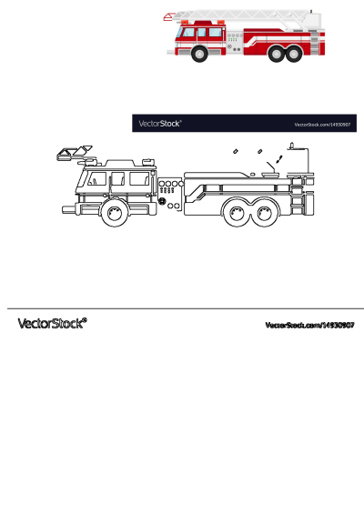Detailed vector illustration of a red fire engine with an extendable ladder and emergency lights, including an outline version.