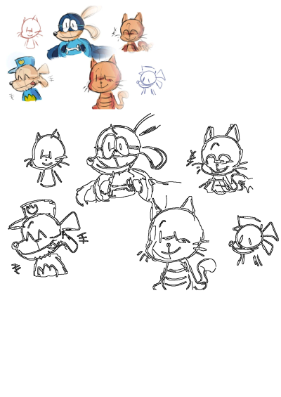 A collection of cute cartoon cat and dog sketches, featuring various expressions, some colored in blue and orange, others as outlines.