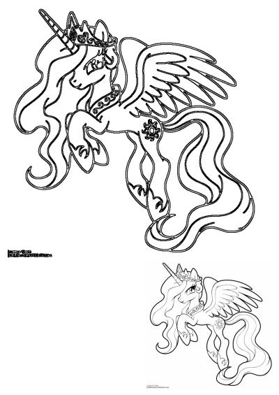 My Little Pony's Princess Celestia character in a detailed outline drawing. Features her crown, horn, wings, and sun cutie mark.