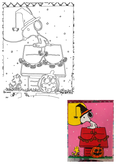 Snoopy wearing a witch hat sits on his doghouse with Woodstock, a jack-o'-lantern, and pumpkin garland on Halloween night.