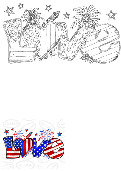 Patriotic 'LOVE' word art featuring American flag stars and stripes, a heart, fireworks, and stars for USA celebration.