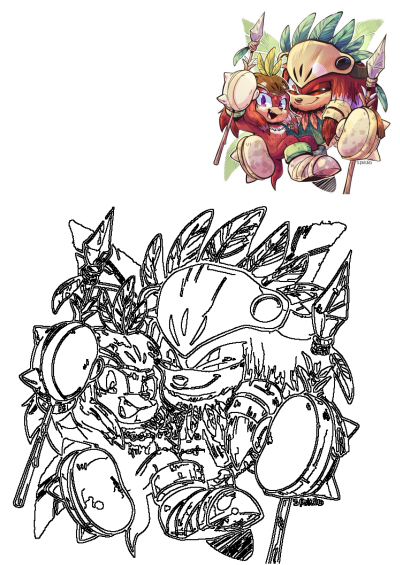 Vibrant digital art depicting tribal cartoon characters, likely Knuckles and a smaller echidna, adorned with feathers, leaves, and a spear.