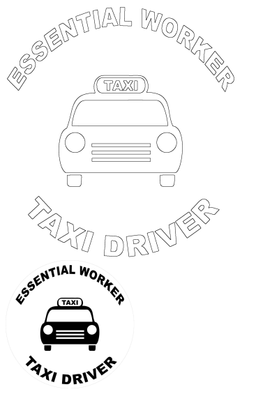 Black and white essential worker taxi driver sticker, featuring a taxi icon and text. An outline version is also included.