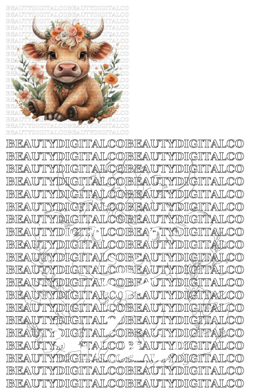 Cute baby Highland cow wearing a vibrant flower crown, an adorable graphic perfect for mug sublimation projects.