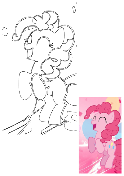 Pinkie Pie My Little Pony Celebration: A cheerful Pinkie Pie is shown in vibrant color and as a line art outline, ready to party with balloons.