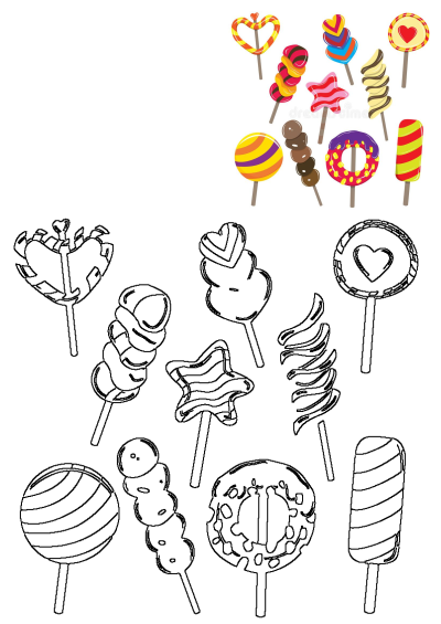 A vibrant collection of diverse lollipops and sweet candy sticks, presented both in full color and as black-and-white line art.