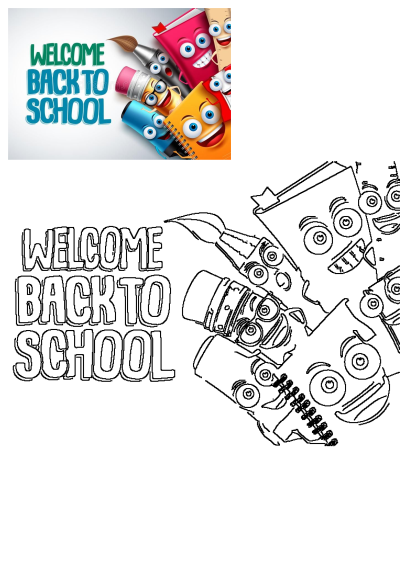 Vibrant 'Welcome Back To School' graphic featuring cheerful cartoon pencils, books, and stationery, alongside its outline version.