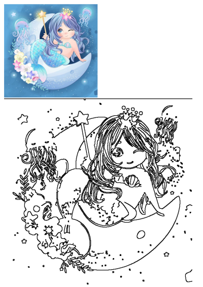 A whimsical little mermaid with blue hair and a crown sits on a sparkling crescent moon, holding a star wand, surrounded by colorful flowers and jellyfish.