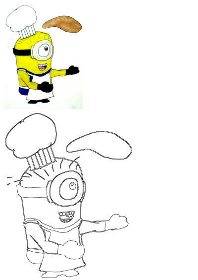 A cheerful chef Minion cartoon, wearing a hat and apron, smiling while skillfully tossing dough for some culinary fun.