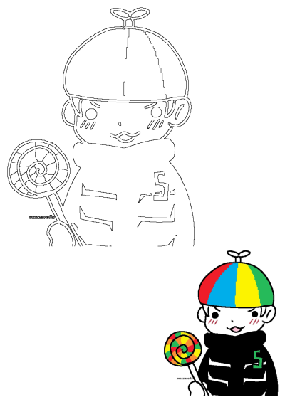 Cheerful cartoon boy with a propeller hat and spiral lollipop, presented in both black-and-white outline and vibrant color.