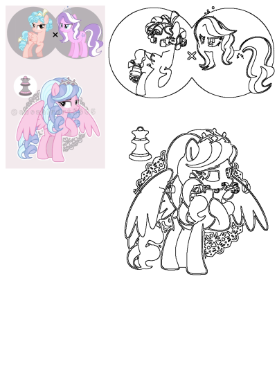 My Little Pony Fusion Pink Purple And Light Blue, a regal pegasus with a crown, presented with a chess queen piece and outline drawing.