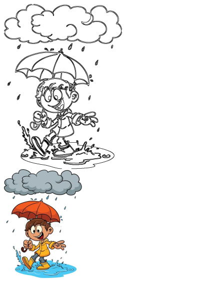 Cheerful cartoon boy in yellow raincoat and boots walks happily in the rain with an orange umbrella, splashing in puddles.