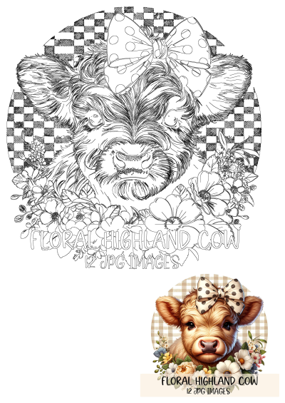 Fluffy floral Highland cow clipart with a polka dot bow and charming flowers, perfect for coquette farmhouse cottagecore designs.
