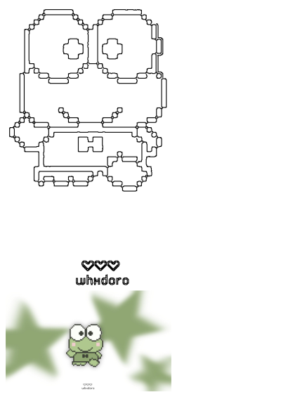 Keroppi pixel art outline template and a small, colored cute green frog character against a background of blurred green stars.