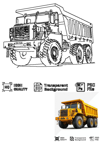 High quality yellow heavy-duty dump truck with massive tires on transparent background, featuring a line art version, available as PSD file.