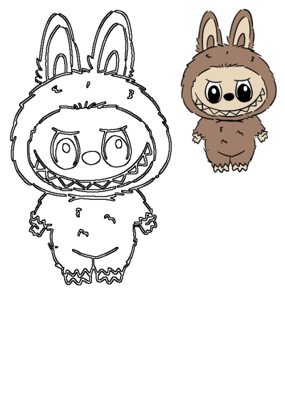 Mischievous brown cartoon monster bunny character with big ears, wide eyes, and jagged teeth, depicted in color and outline form.