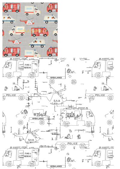 Watercolor seamless pattern with cute animals driving fire trucks, ambulances, police cars, and SAR helicopters on a light grey texture.